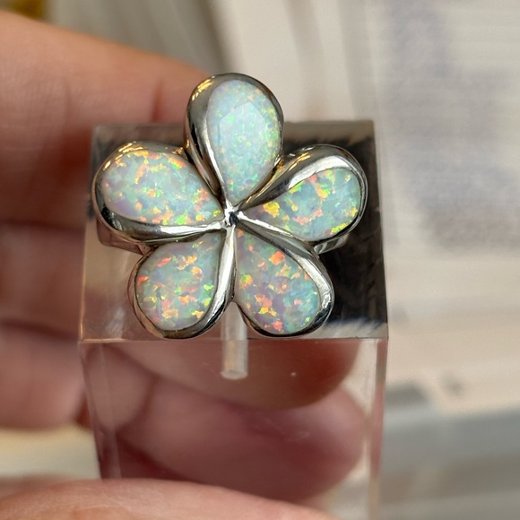 Stunning Opal Inlay Flower Ring solid Sterling Silver 925 Artisan Made sz 6 7/8 - Picture 11 of 12